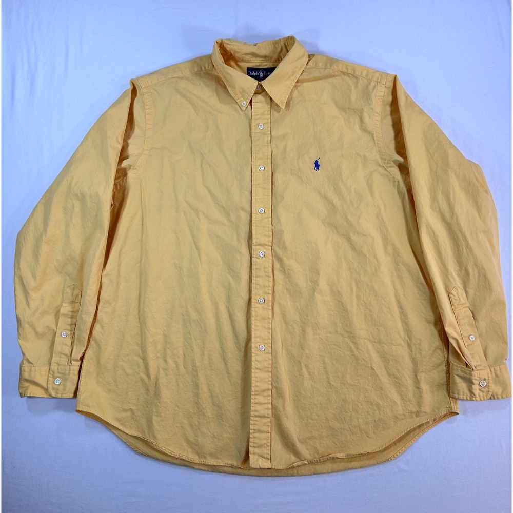 Ralph Lauren Classic Fit Yellow Button Down Shirt Mens XXL Long Sleeve Blue Pony